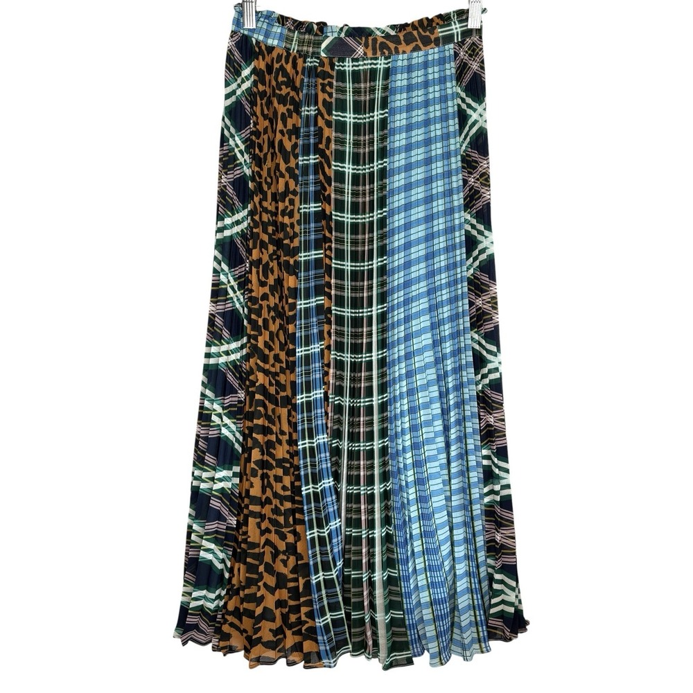 Anthropologie Maeve Pleated Maxi Skirt XS Mix Media Plaid Preppy Art Punk Animal